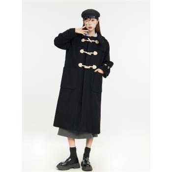 黑色牛角扣毛呢大衣女2023秋冬季加厚連帽呢子外套學院風加棉大衣