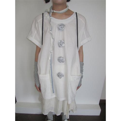 3months立體玫瑰花扣子短袖襯衫女夏設計感小眾寬松白色襯衣上衣