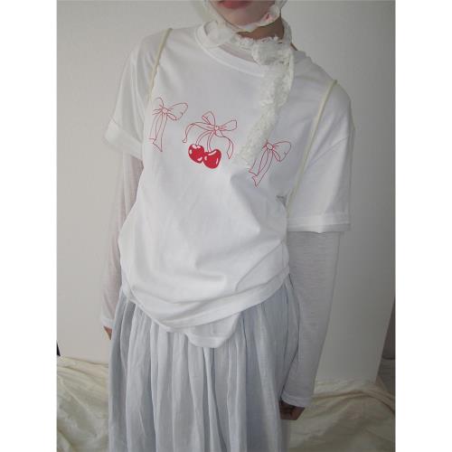 3months純棉櫻桃印花短袖寬松韓版t恤2025夏季新款設計感小眾上衣