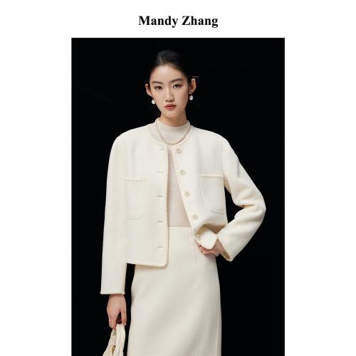 MandyZhang100%綿羊毛雙面呢小香風短款毛呢外套女冬季白色大衣