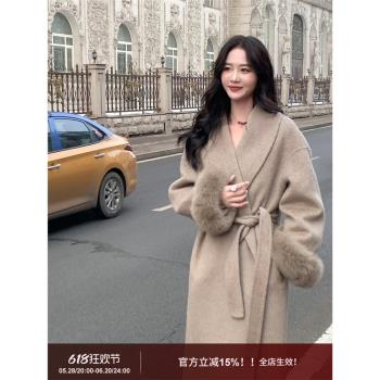 SYT回國千金 狐貍毛袖口綿羊毛大衣女冬季2024年新款慵懶毛呢外套