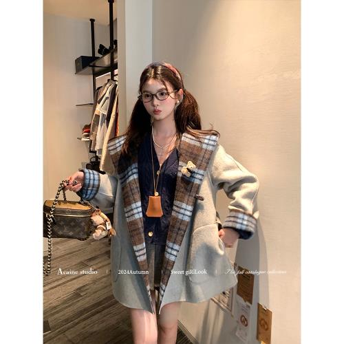 Acaine中長款連帽格子雙面呢羊毛大衣女秋季韓系格子小個子上衣