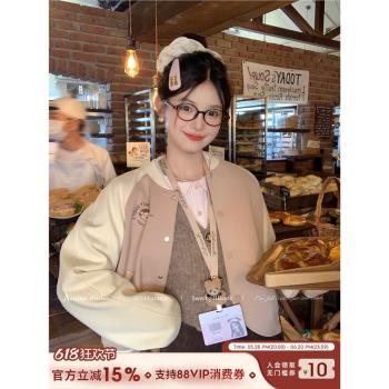 Acaine韓漫女高/長袖拼接棒球服外套女秋薄款美式復古學院風上衣