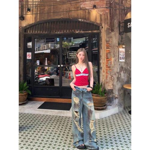 莫欣欣 美式破洞拖地牛仔褲女辣妹高街設計感復古寬松慵懶闊腿褲