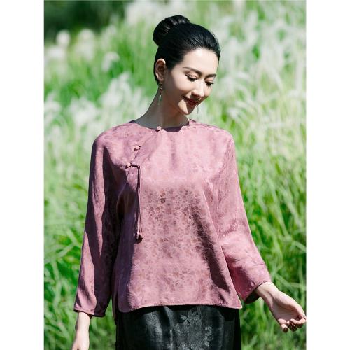 【溫顏.粉】桑蠶絲真絲花羅新中式上衣女夏長袖寬松斜襟國風小衫