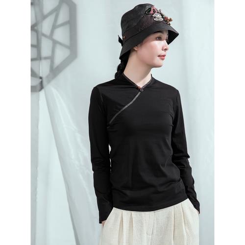 酬賓【綺懷】棲意原創設計新中式內搭復古黑色長袖V領打底衫上衣