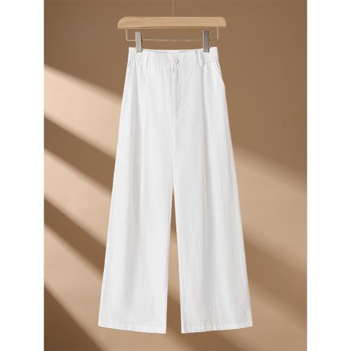 【雨露麻料】亞麻闊腿褲女夏2024年夏季棉麻垂感高腰休閑褲九分褲