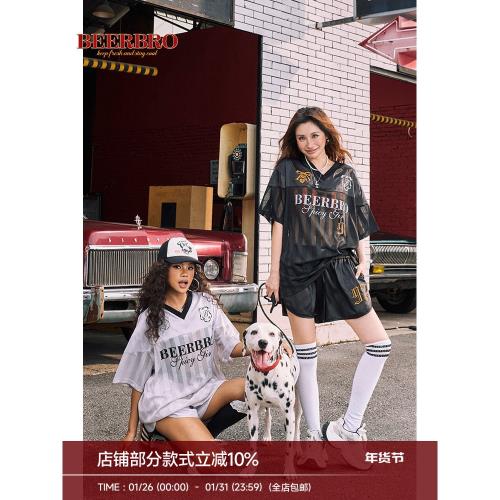 BeerBro 美式Blokecore寬松拼接球衣套裝夏季短袖T恤女短褲兩件套