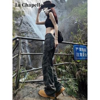 拉夏貝爾美式迷彩工裝褲女夏薄款2024新款降落傘hiphop登山運動褲