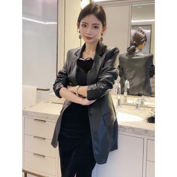 外套女高級明線中長款修身仿羊皮