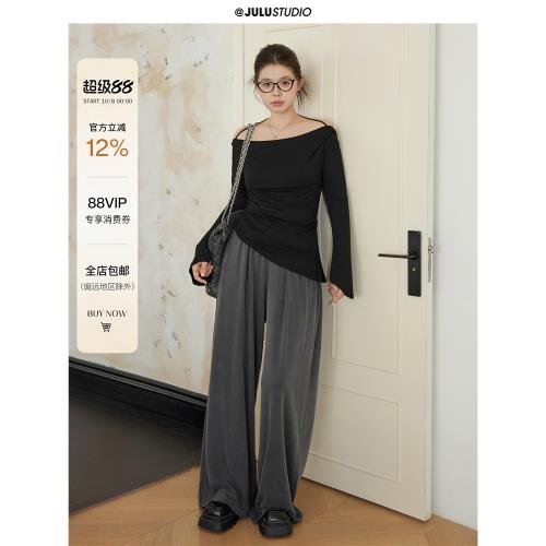 巨鹿工作室“剪裁尖子生”微胖mm設計感掛脖一字肩長袖t大碼上衣