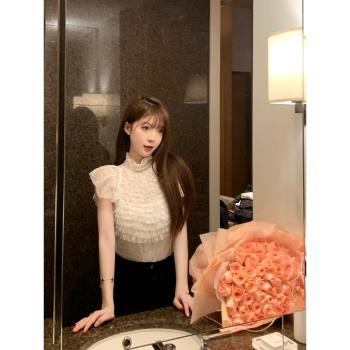 M900蕾絲衫女上衣修身2024年新款白色短款春季性感網紗內搭兩件套