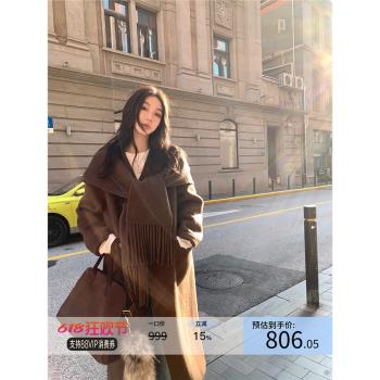 區區歐陽羊毛雙面呢大衣女冬季加厚高階感中長款呢子連帽圍巾外套