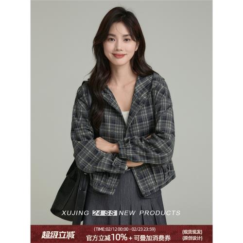 「敘境」深灰色復古連帽格子外套女2025春季新款洋氣百搭休閑上衣