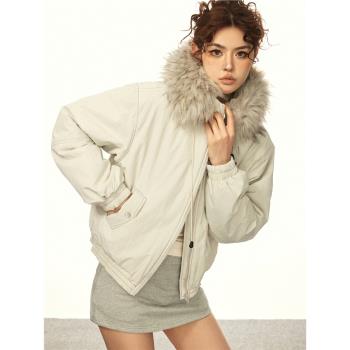 Aaisup美式復古毛領連帽棉服女冬季韓版寬松加厚保暖派克棉襖外套