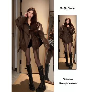 復古高級感PU皮衣外套女2024春秋季新款寬松棕色機車服夾克上衣潮