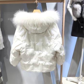 貉子毛領暗格紋免洗短款羽絨服