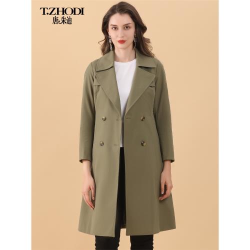 唐朱迪2023秋季新款女裝純色雙排扣英倫修身氣質中長款風衣外套