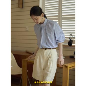Nice people “miu”系藍色格子 立領荷葉邊壓褶長袖襯衫女上衣