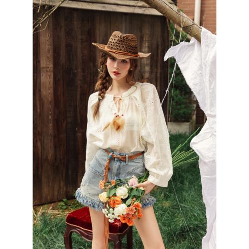 陳昊宇婁藝瀟同款LaFreedom法式鏤空小v領系帶長袖襯衫女薄款襯衣