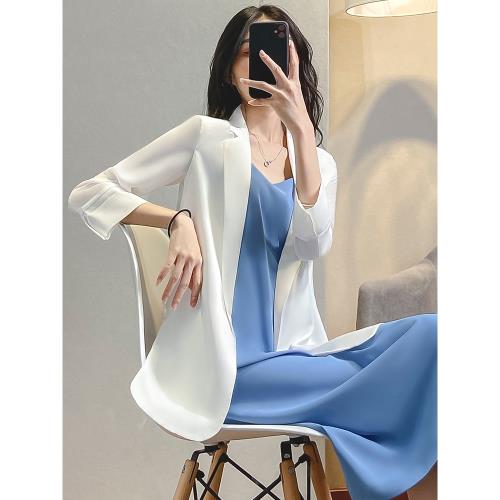 白色防曬西裝外套女夏季薄款寬松小個子吊帶裙外搭七分袖西服套裝