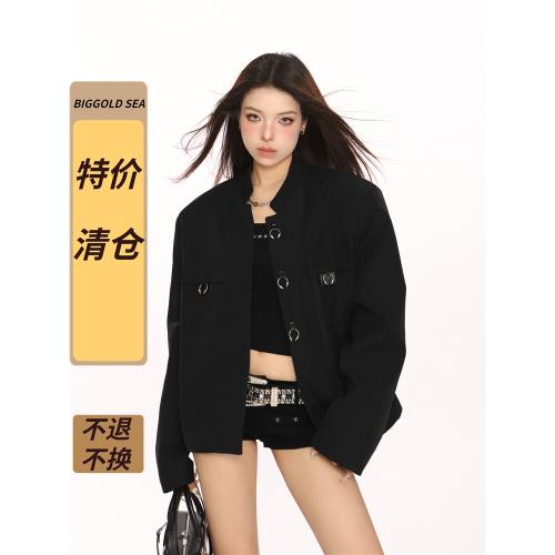 福利款 美式復古高級感金屬扣立領西服女秋季街頭情侶夾克外套潮