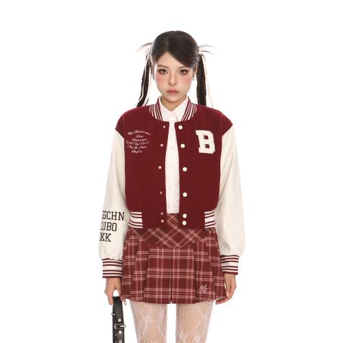 福利款美式字母刺繡短款棒球服外套女春秋辣妹安可拉紅運動夾克