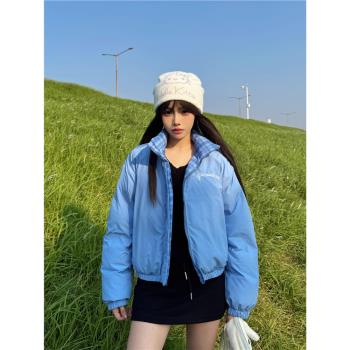 x不是好人原創格子短款棉服女2024冬季ins寬松保暖加厚兩面穿外套