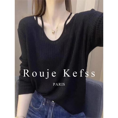 Rouje Kefss設計感小眾露肩鎖骨針織衫女寬松慵懶風內搭打底上衣