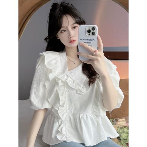 荷葉邊雪紡襯衫女夏季新款微胖mm法式上衣大碼設計感洋氣漂亮小衫