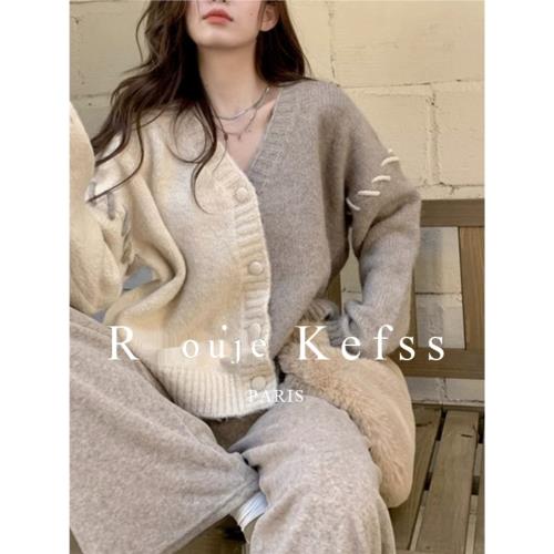 Rouje Kefss法式溫柔簡約撞色拼接V領針織開衫設計感休閑厚款上衣