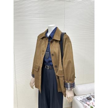 美拉德棕色復古鹿皮絨短外套女2024年春秋季新款韓版寬松夾克上衣