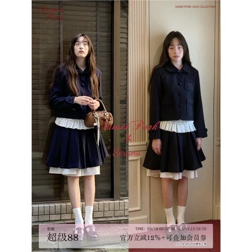 SunsetPark米白藏青雙腰頭百褶裙