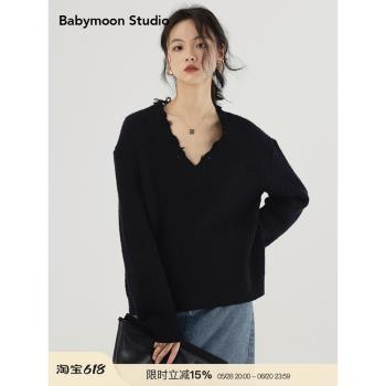 Babymoon破洞V領慵懶針織上衣
