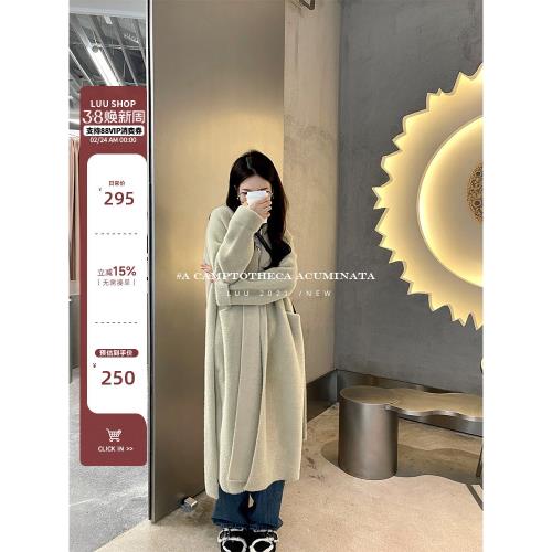 LUU桃喜兒/仿水貂絨外套女秋冬加厚中長款大衣寬松慵懶風針織開衫