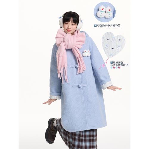 iamnotbad「冰島雪花」北歐冰島藍圈圈雪花牛角扣連帽夾棉呢大衣
