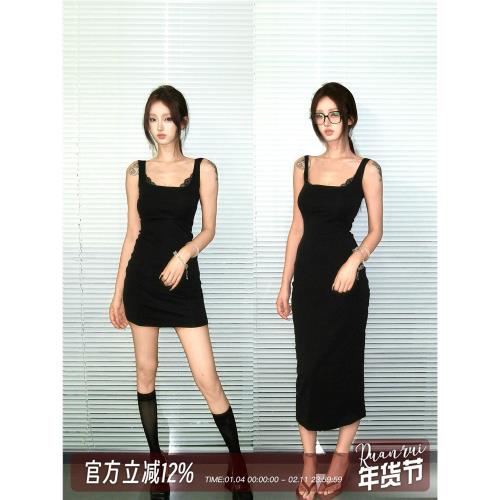 Ruanrui 經典基礎蕾絲拼接小黑裙針織彈力顯瘦質感內搭外穿連衣裙