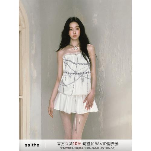 SALTHe鹽茶 遺失島嶼 印花蕾絲邊抹胸倆穿女夏無袖上衣背心