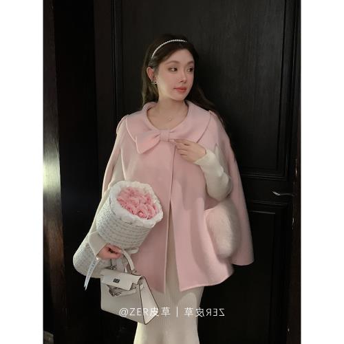 嬌憨天真富囡囡 狐貍毛口袋雙面羊絨大衣 女 羊毛呢皮草斗篷外套