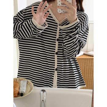 韓版ins條紋睡衣女款春秋季純棉日系長袖長褲套裝夏天薄款家居服