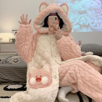 可愛少女睡袍女秋冬珊瑚絨三層夾棉中長款卡通睡衣加絨加厚家居服