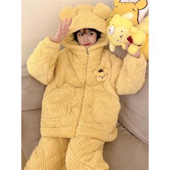 冬季天睡衣女款珊瑚絨連帽三層夾棉加厚加絨法蘭絨可愛家居服套裝