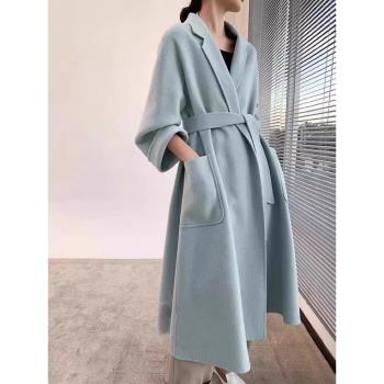 水波紋雙面羊絨大衣女2024冬裝中長浴袍款寬松高階羊毛呢子外套