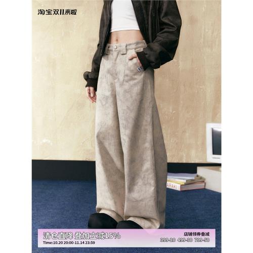 EZEK原創設計美式復古Cleanfit寬松闊腿休閑褲女春秋百搭長褲子潮