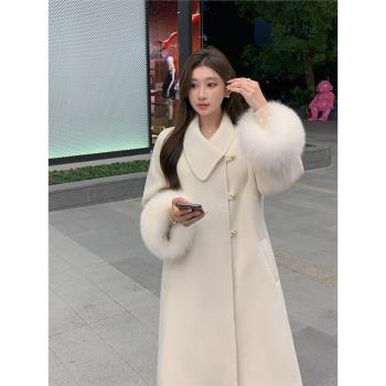 富家千金2024新款高階感羊毛呢子外套狐貍毛雙面呢羊絨大衣女秋冬