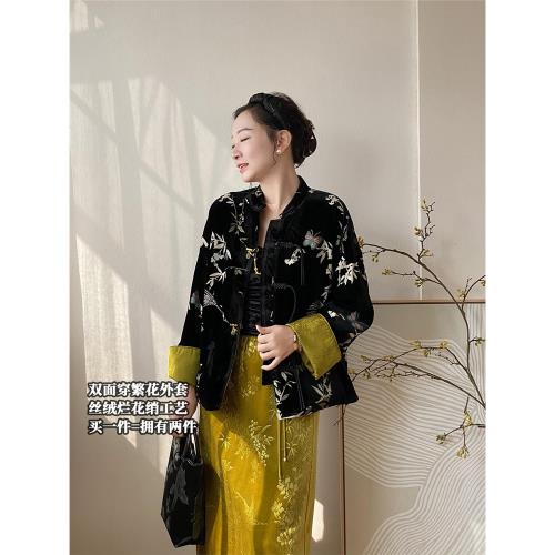 浮朵【彩蝶雙面】絲絨提花秋冬新中式加厚雙面穿90白鴨絨羽絨服