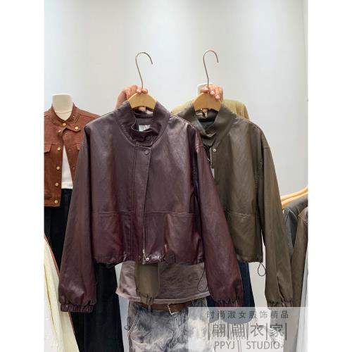 韓系立領設計感抽繩收腰短款皮衣外套女休閑復古拉鏈PU皮夾克上衣