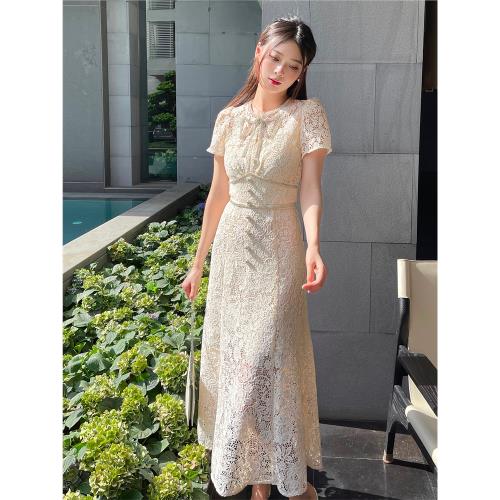 唐藝昕同款連衣裙象牙白蕾絲鉆飾蝴蝶結2025早春女高腰修身中長裙