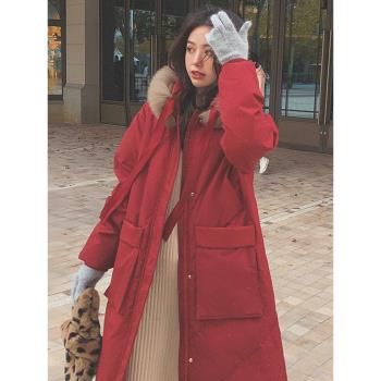 長款溫柔風大毛領紅色加厚羽絨服