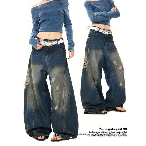 YOUNG STAGE美式復古水洗破洞牛仔闊腿褲女高級感寬松拖地長褲子